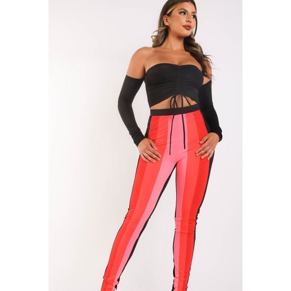 Women's Casual Color Blocked Leggings And Matching Off Shoulder Top Outfit Set - Picture 4 of 12